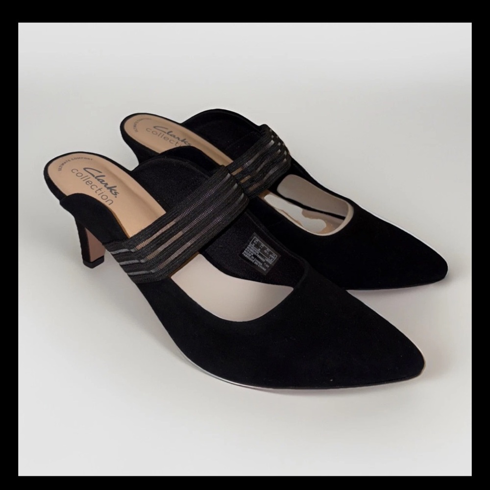 NEW Clarks Black Suede Heels with Strap 8.5